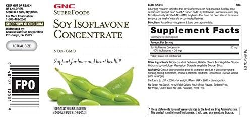 GNC SuperFoods Soy Isoflavone Concentrate, etiqueta, origen libre de OGM.