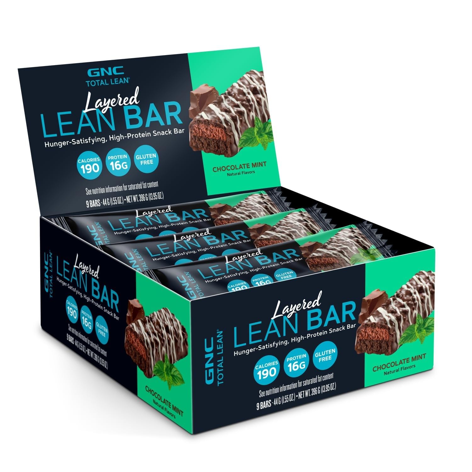 GNC Total Lean Barra en Capas Chocolate Menta en empaque, snack práctico para llevar.
