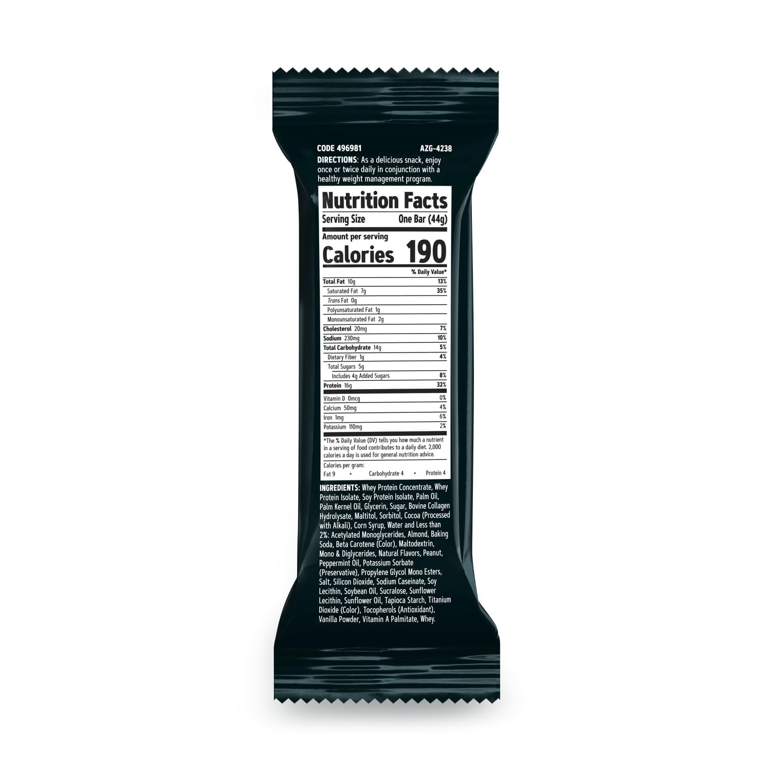 GNC Total Lean Barra en Capas Chocolate Menta reverso, información nutricional clara.