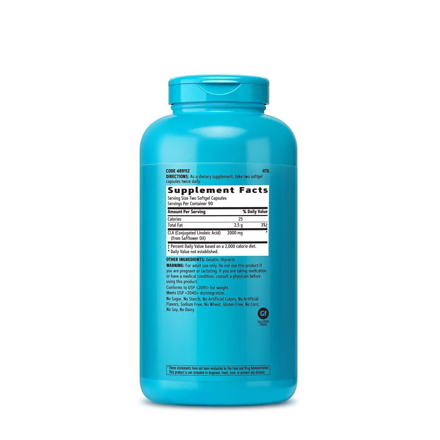 GNC Total Lean CLA 3-6-9, botella abierta y cápsulas fáciles de tragar para energía sin estimulantes.