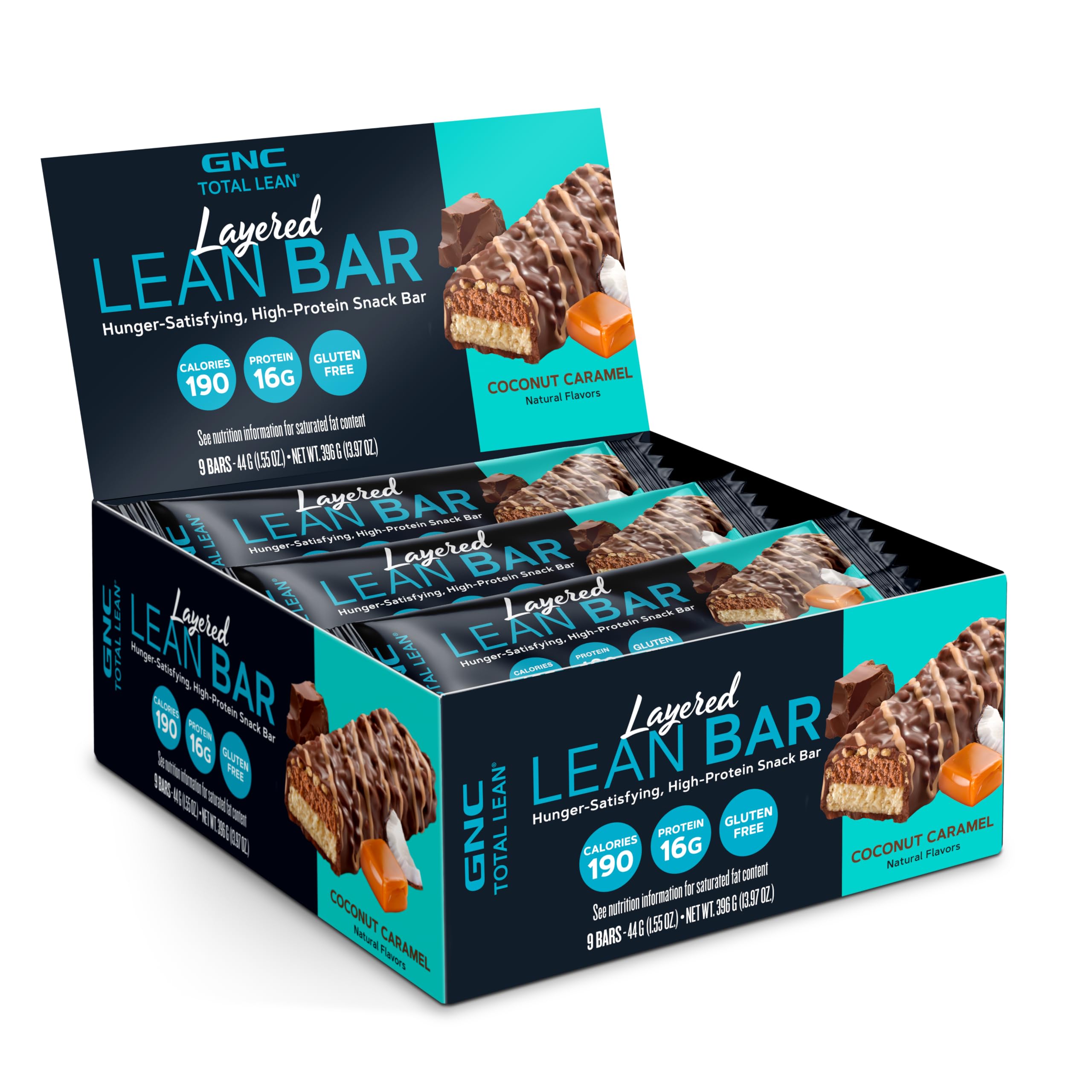 Barra GNC Total Lean en capas Coco Caramelo con empaque visible para estantería