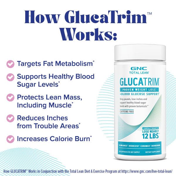 GNC Total Lean GlucaTrim caja exterior con reconocimiento de marca distintivo.