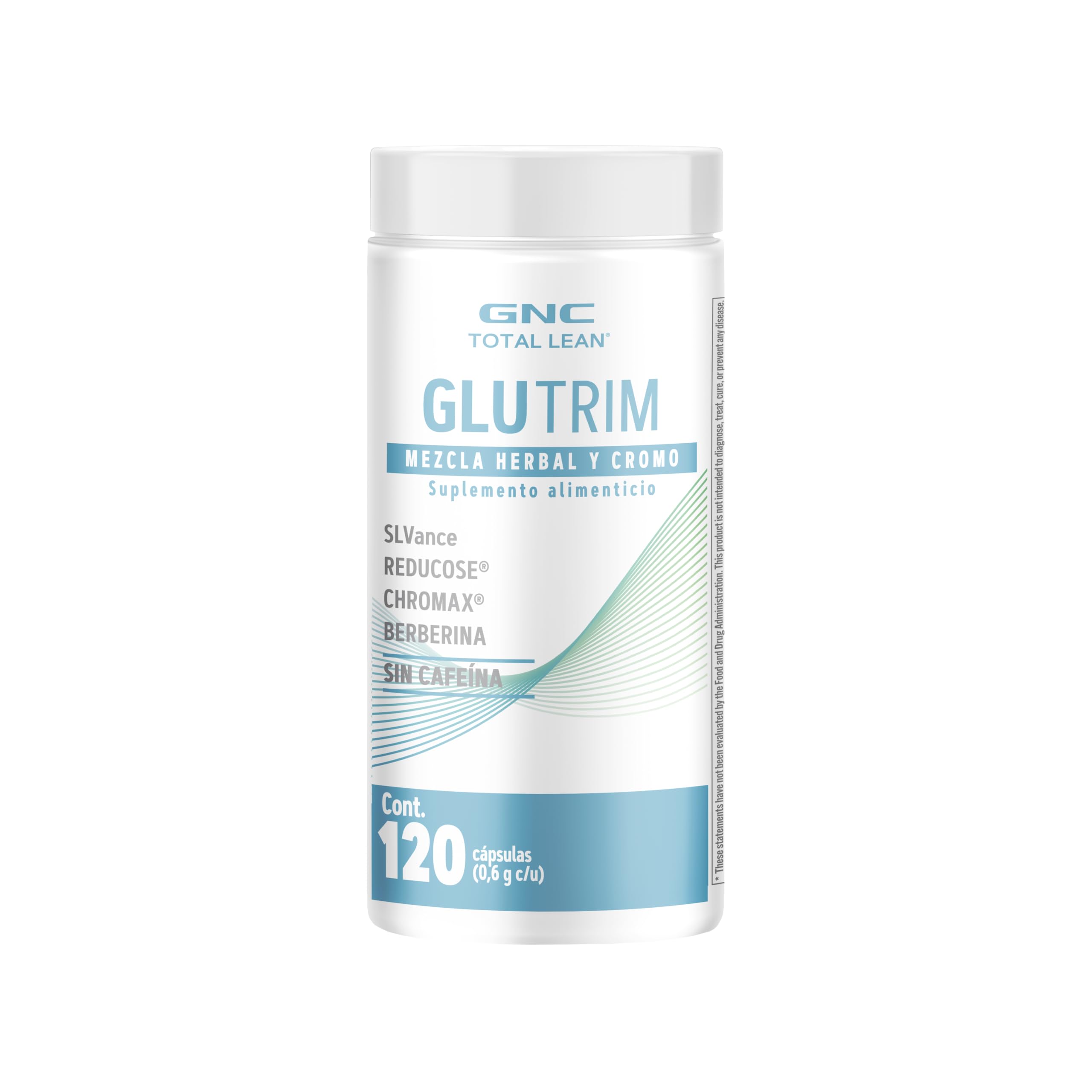 GNC Total Lean GlucaTrim etiqueta frontal clara ayuda a identificar el producto.