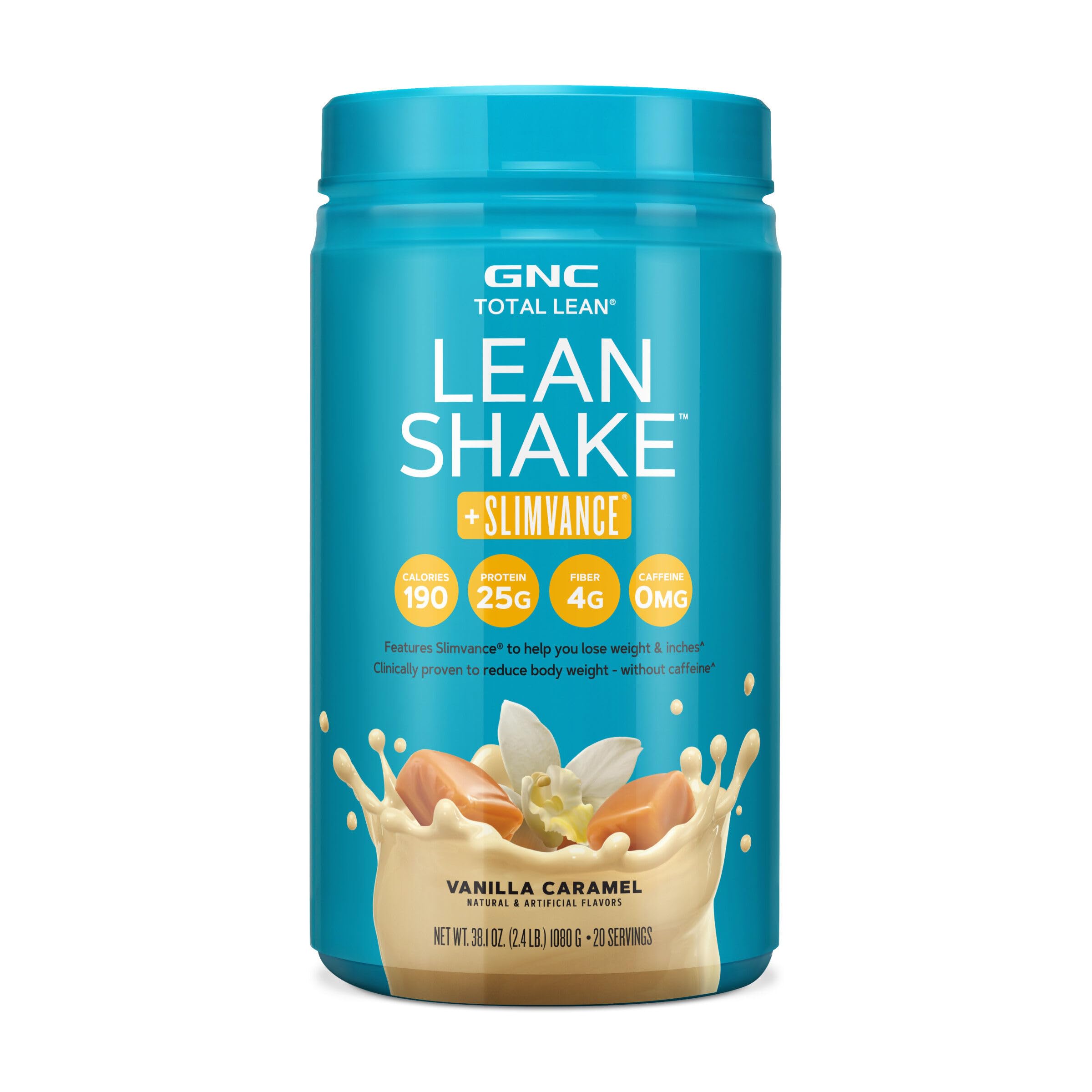 GNC Total Lean Lean Shake envase: batido vainilla caramelo sin cafeína para control de peso.