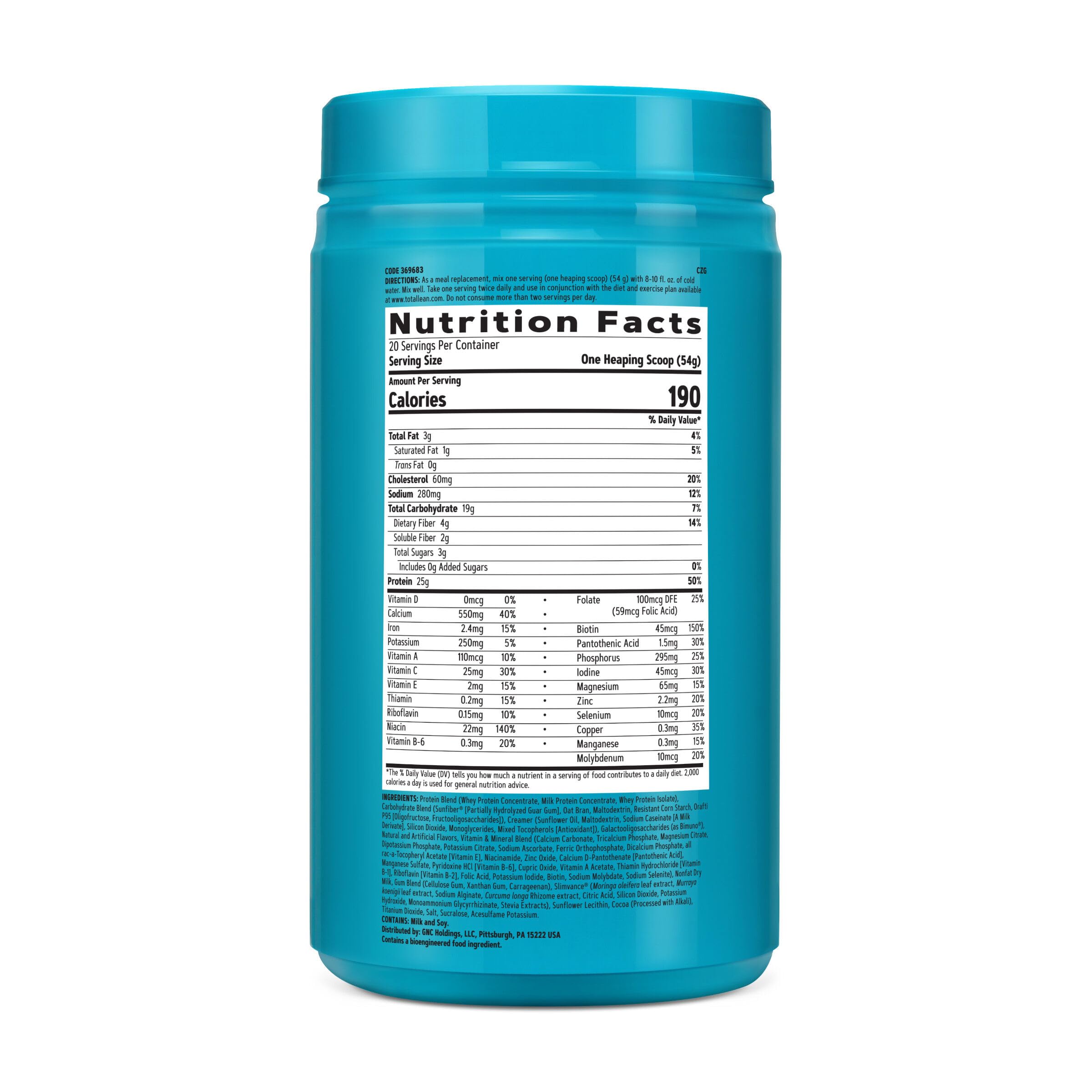 GNC Total Lean Lean Shake etiqueta: 7 g de fibra por porción para saciedad.