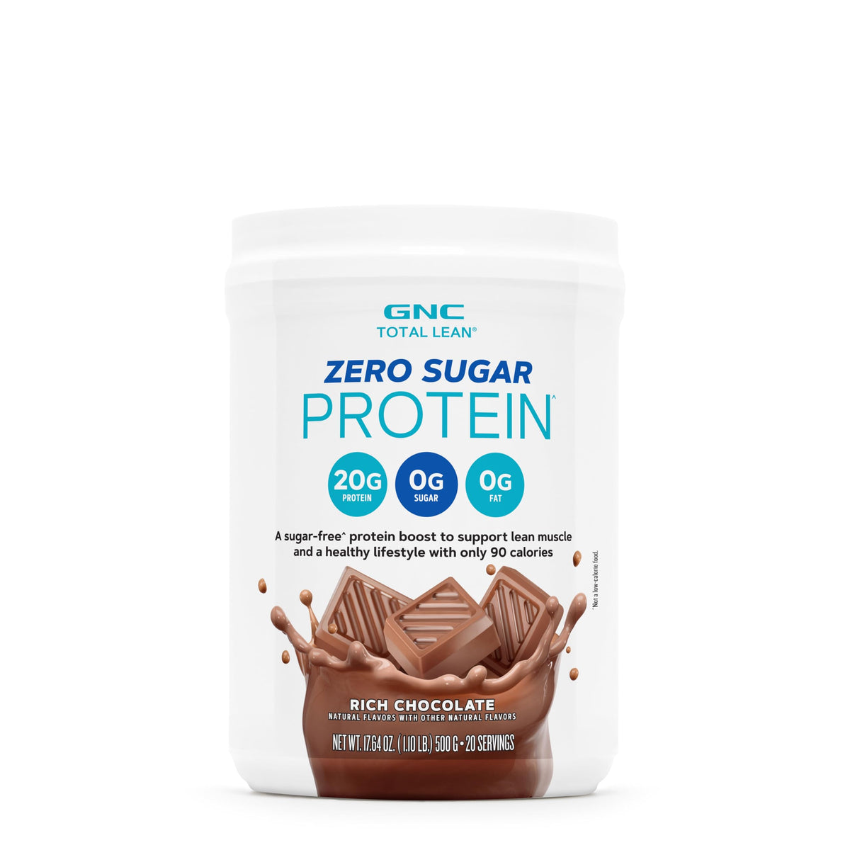 GNC Total Lean Zero Sugar Protein pote chocolate, sabor delicioso para batidos post-entrenamiento.