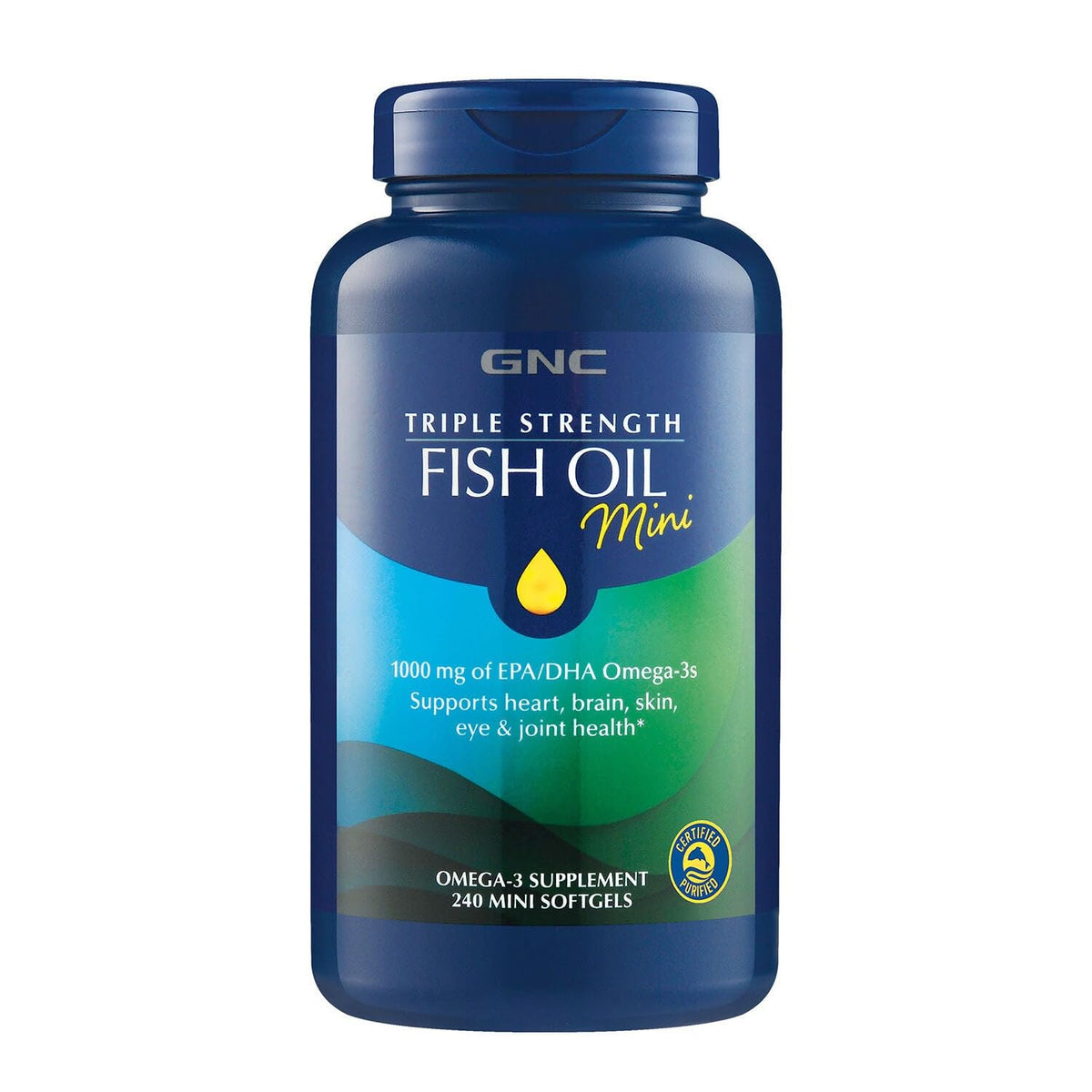 GNC Triple Strength Fish Oil Mini, botella visible, posible apoyo para salud cardiovascular y mental.
