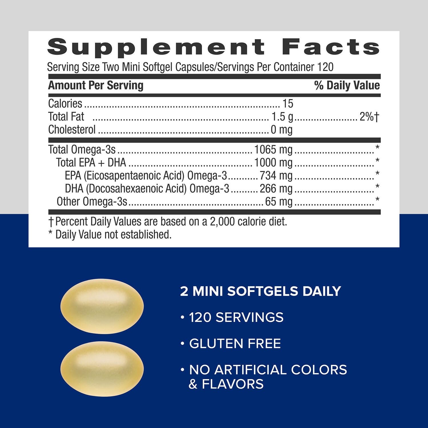 GNC Triple Strength Fish Oil Mini, proviene de pescado salvaje de aguas profundas para Omega tres.