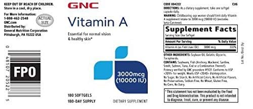 GNC Vitamina A 3000mcg: botella con suministro para 180 días.
