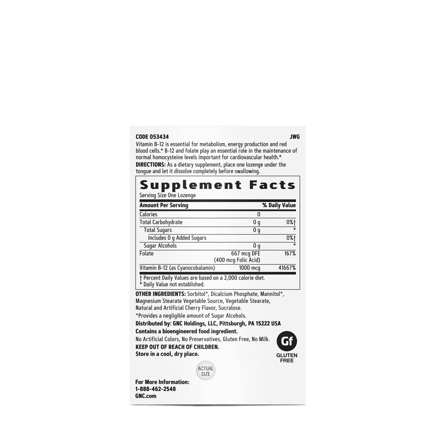 GNC Vitamina B-12 1000mcg, sabor cereza, formato masticable para metabolismo activo.