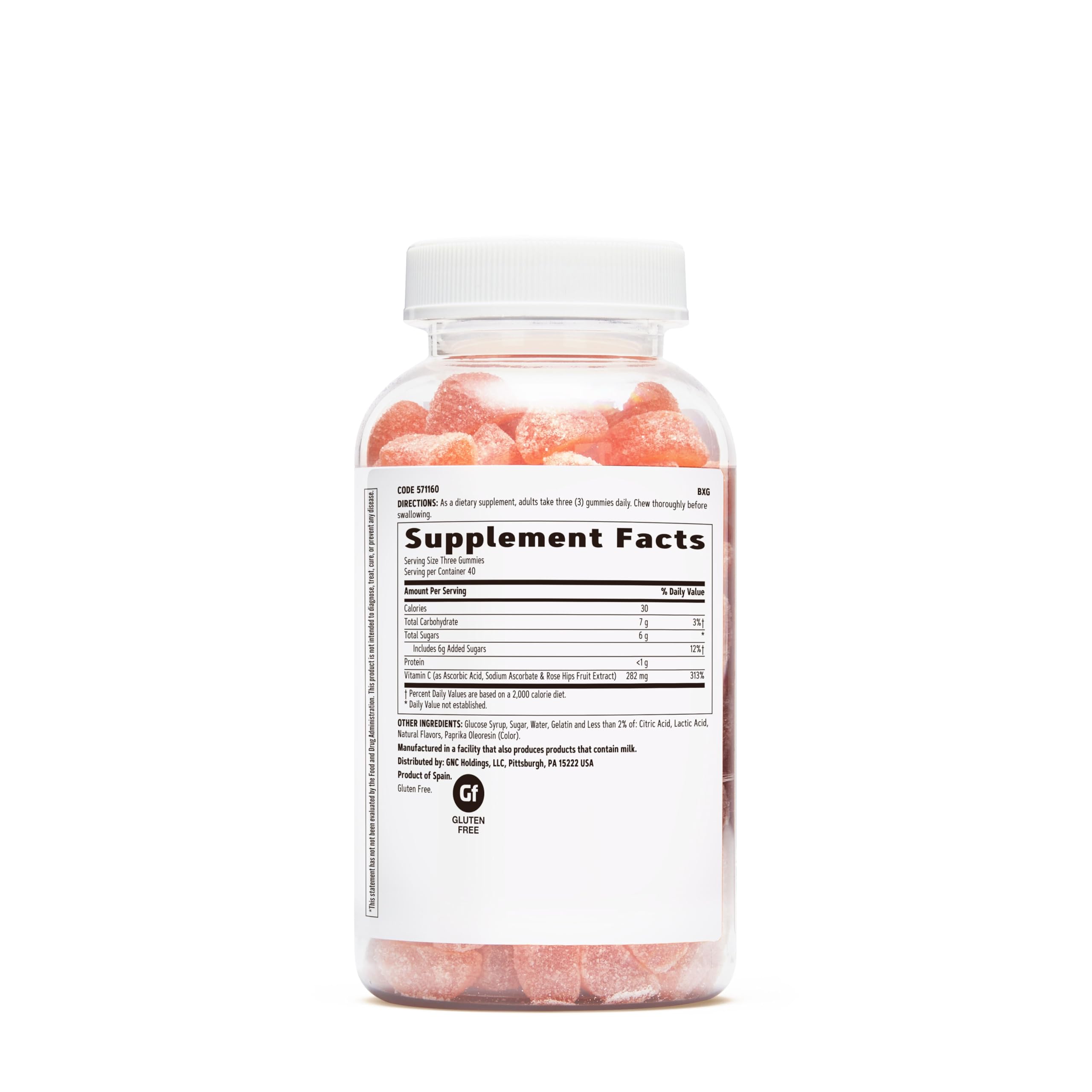 GNC Vitamina C Gomitas en la mano, aporte diario de 282 mg de vitamina C.