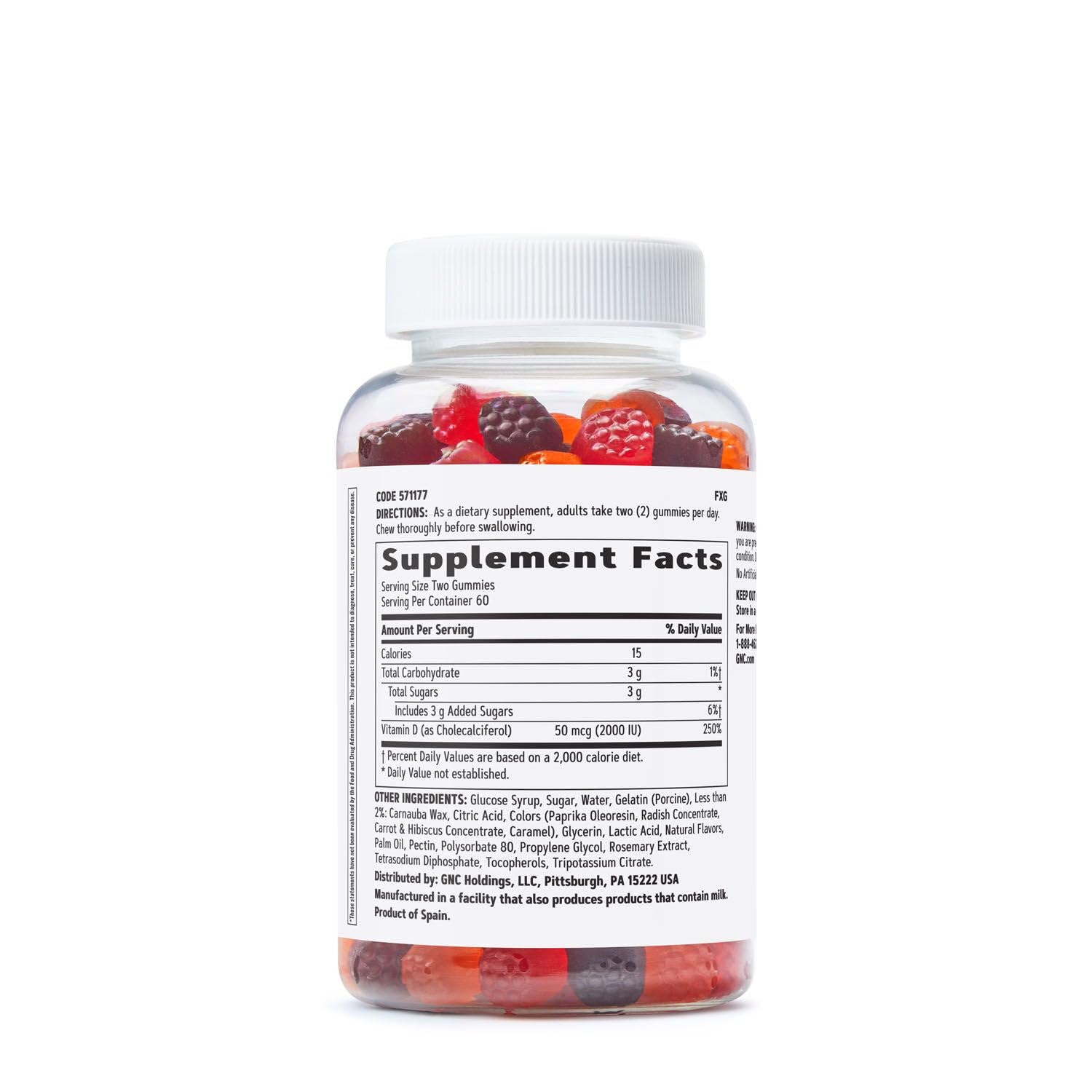GNC gomitas de Vitamina D-3 sabor durazno y mora para uso diario.