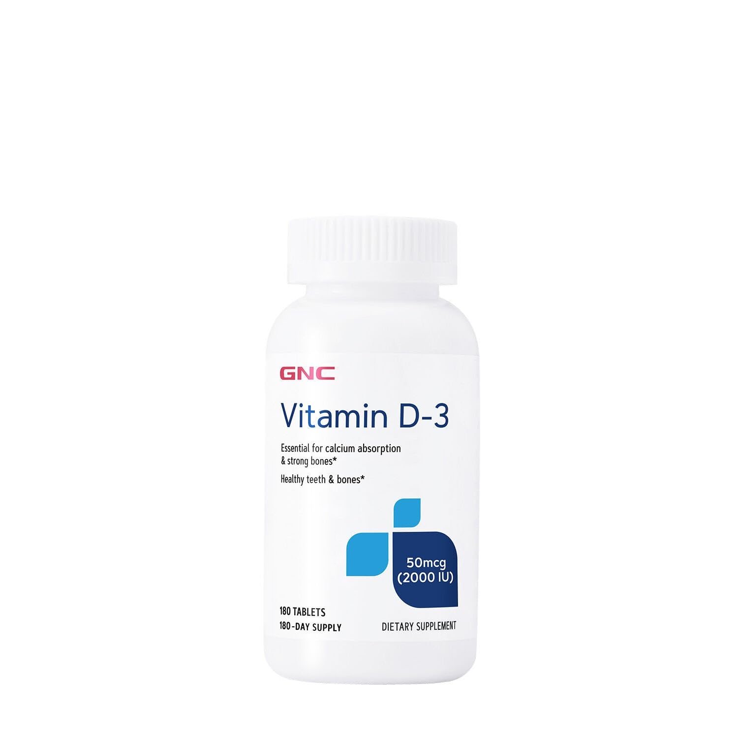 GNC Vitamina D3 50mcg tableta en bote para huesos saludables.