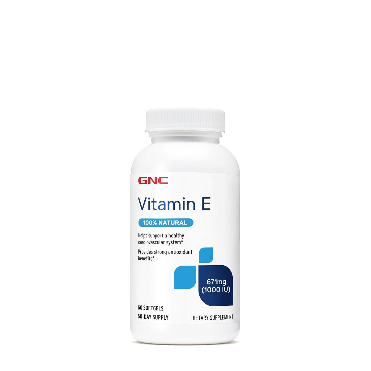 GNC Vitamina E 1000IU envase cápsulas blandas, apoyo antioxidante para el día a día.