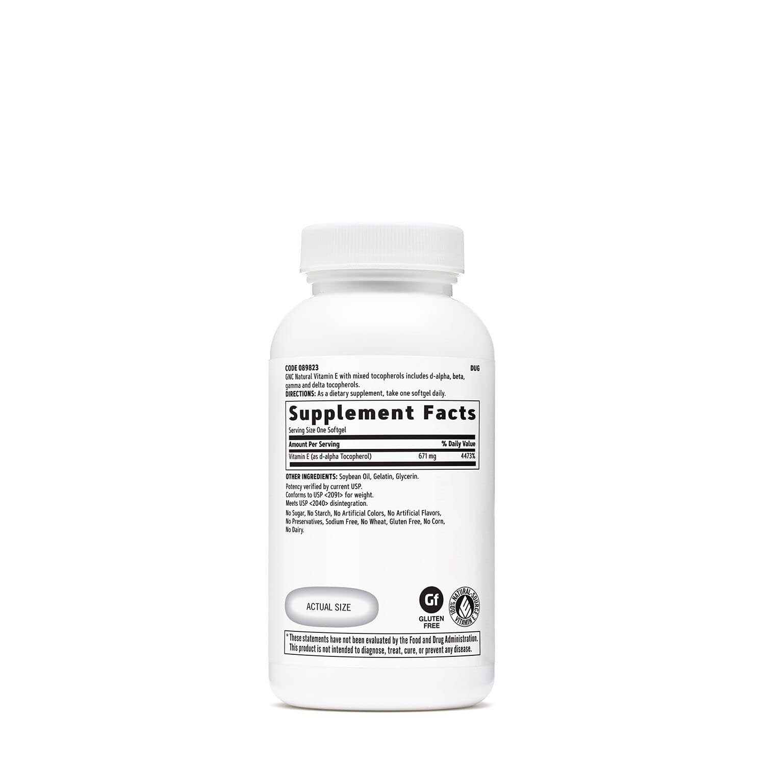 GNC Vitamina E 1000IU frente del envase, porción diaria de 60 cápsulas.
