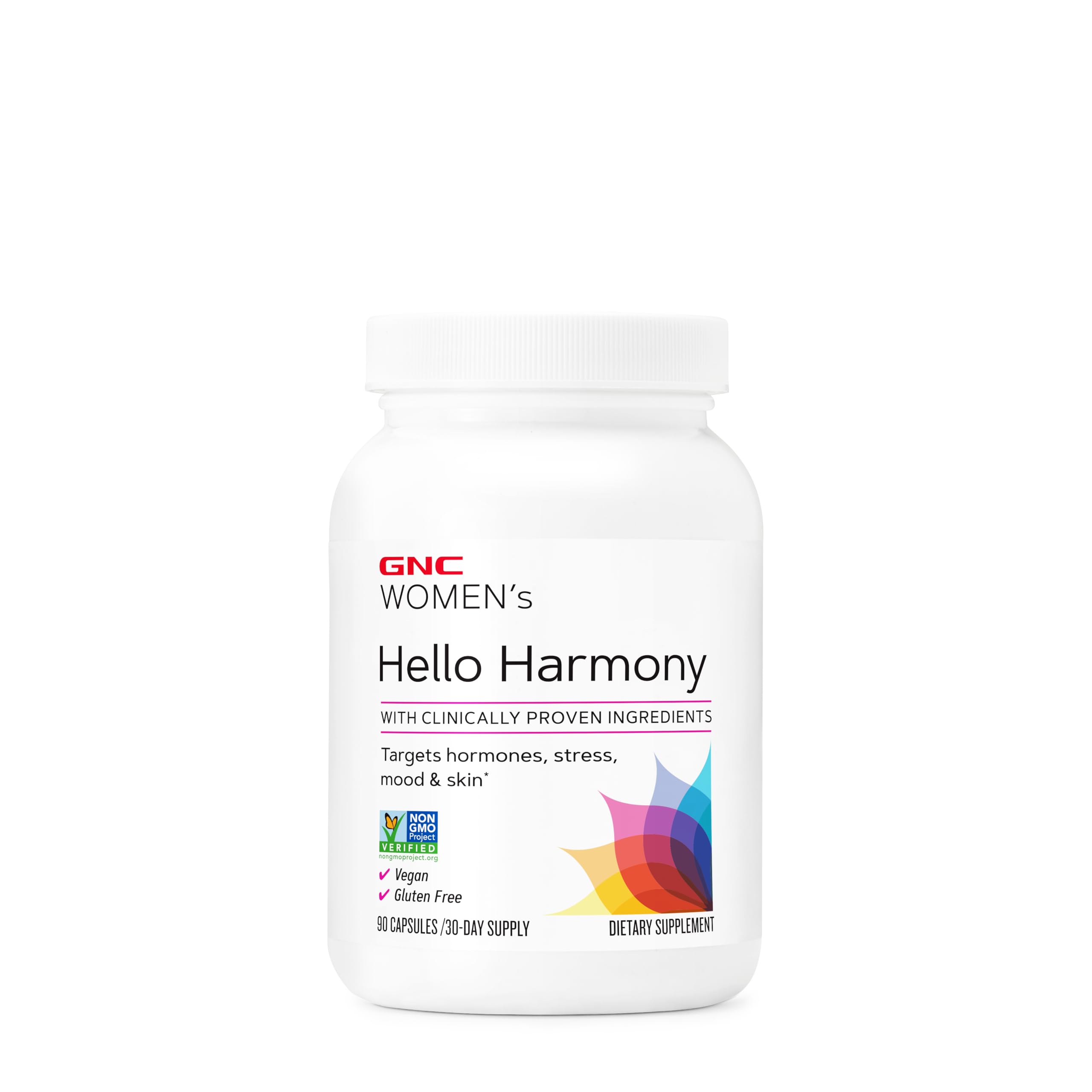 GNC Hello Harmony: etiqueta frontal, transmite información clave de ingredientes calmantes.