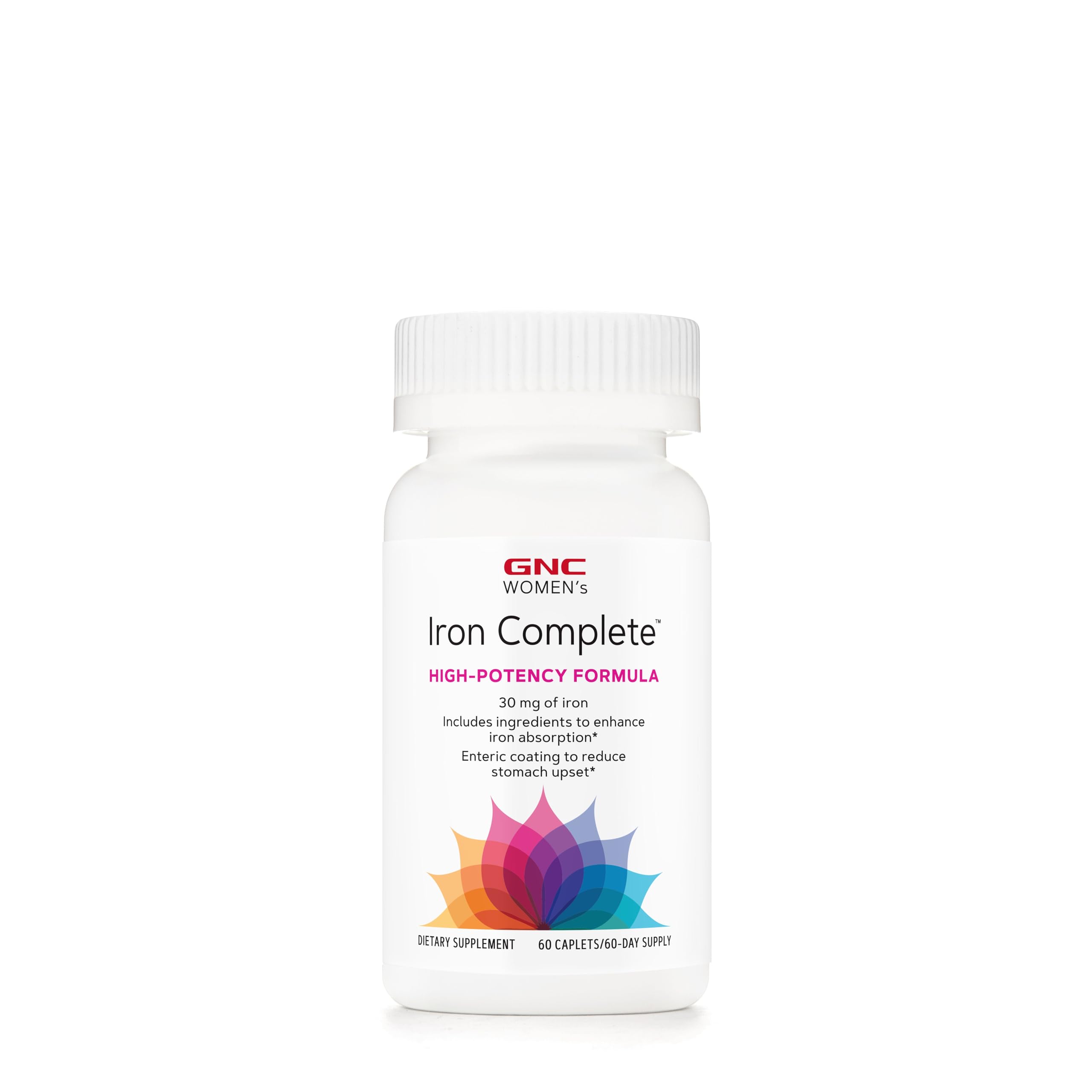 GNC multivitamínico de hierro para mujeres, frasco frontal, apoya la absorción del hierro.