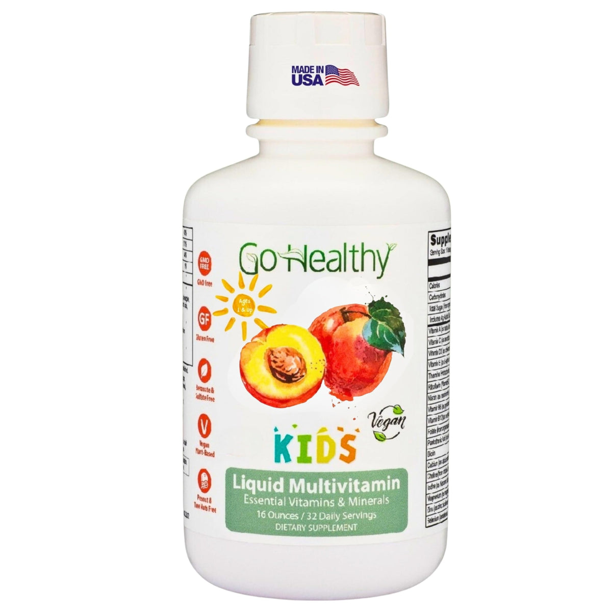 Go Healthy Kids multivitamínico líquido: bote sabor durazno mango, apoyo nutricional diario para niños.