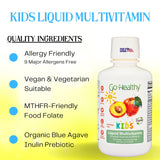 Go Healthy Kids multivitamínico líquido, gotero para mezclar en bebidas, uso diario.