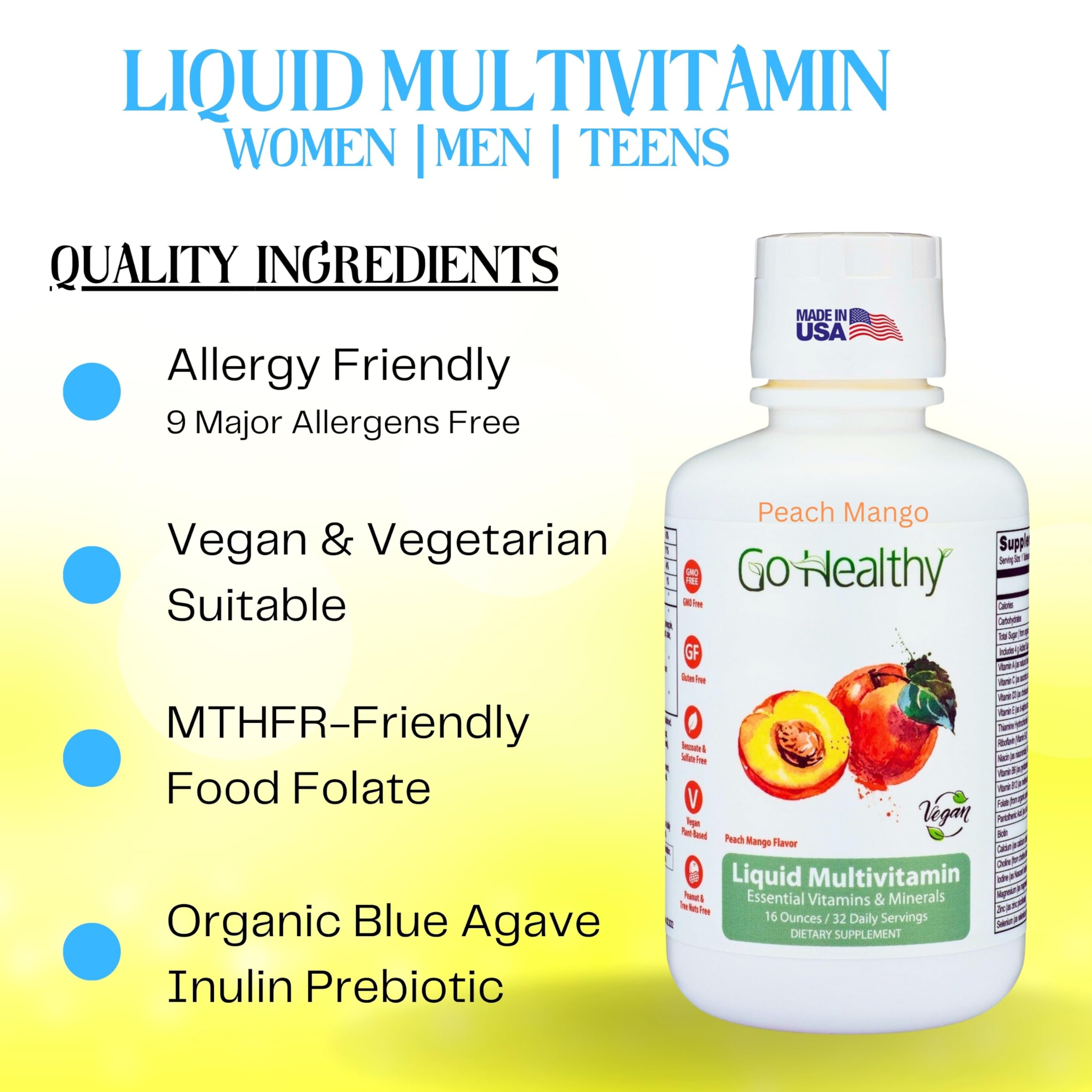Go Healthy Natural vitaminas líquidas, etiqueta clara, fácil identificación de ingredientes