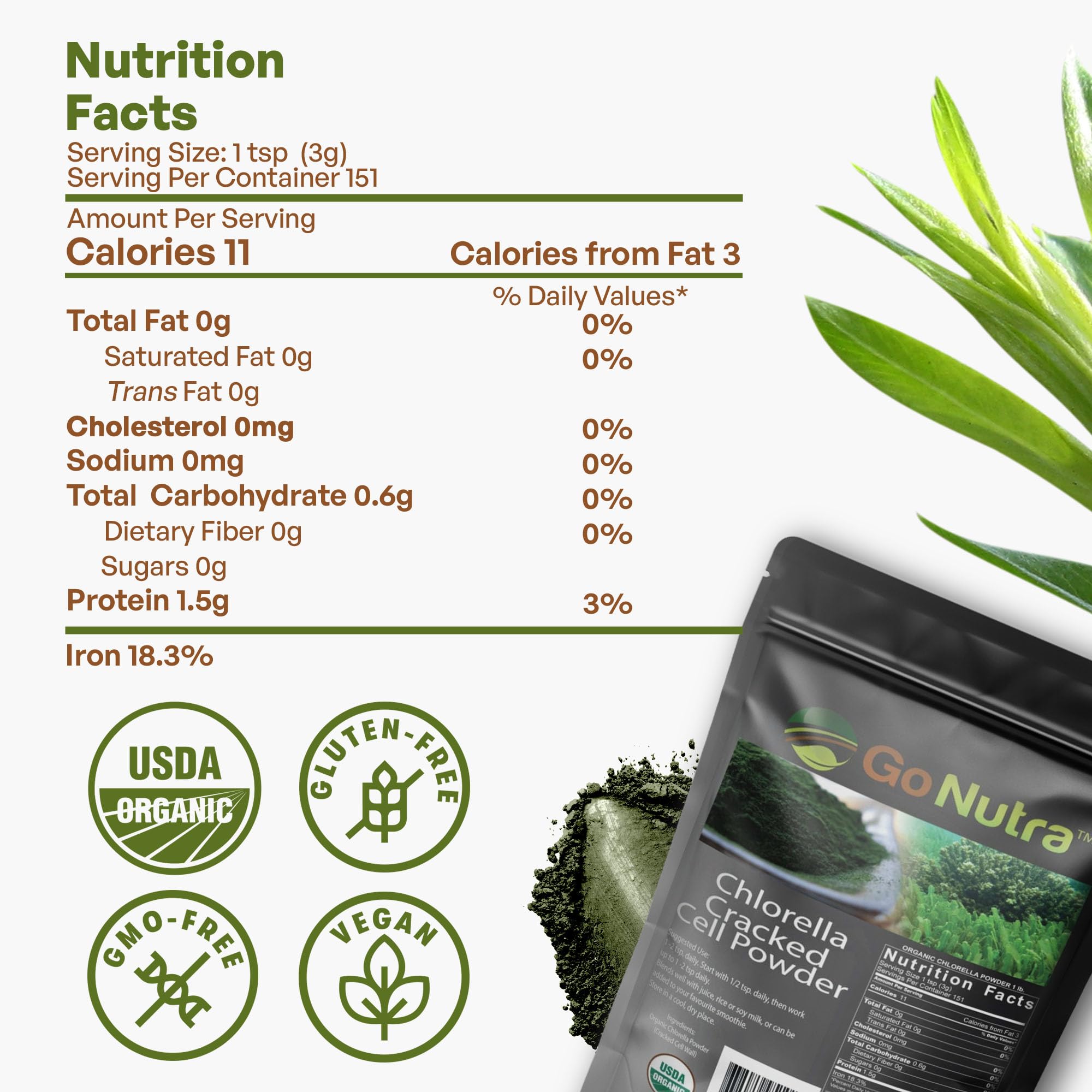 Go Nutra envase de 16 oz polvo de clorella listo para mezclar.