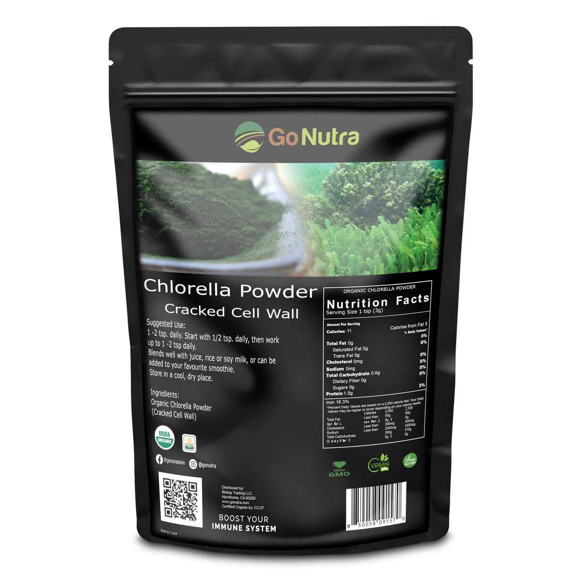 Go Nutra polvo de clorella con células rotas en envase, ideal para batidos.