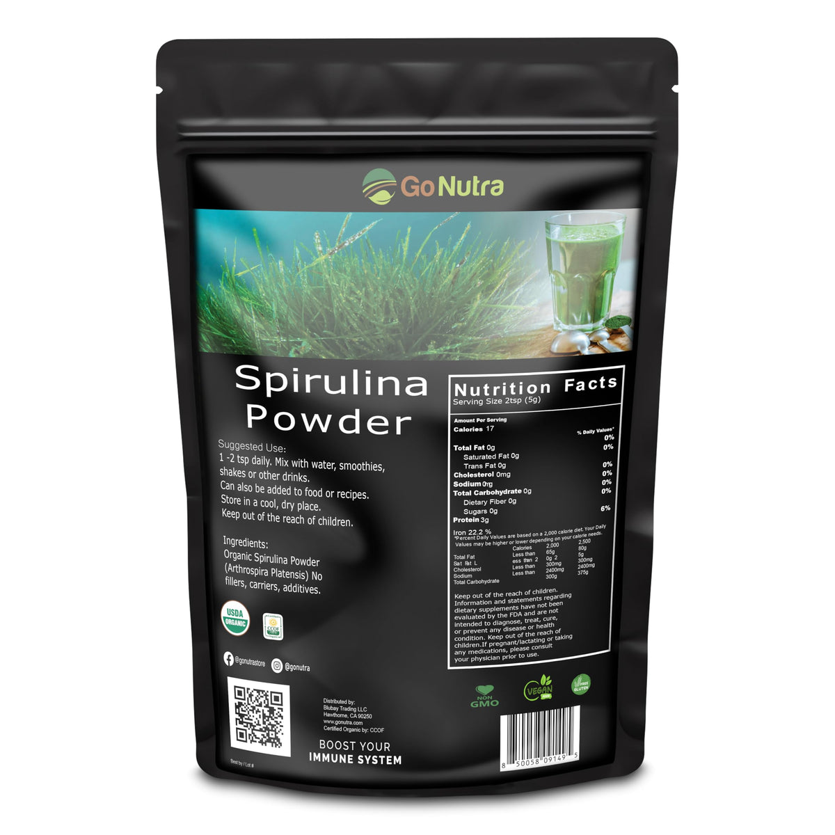 Go Nutra Spirulina en polvo en bote para añadir proteína y antioxidantes.