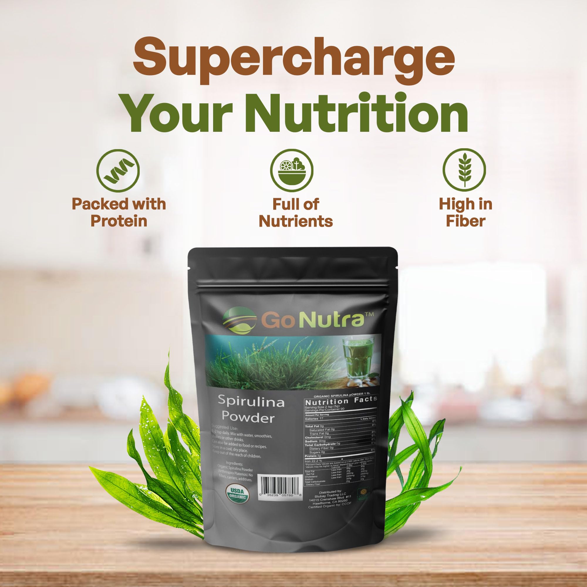 Go Nutra Spirulina en polvo, ideal para mezclar en jugos y obtener nutrientes.