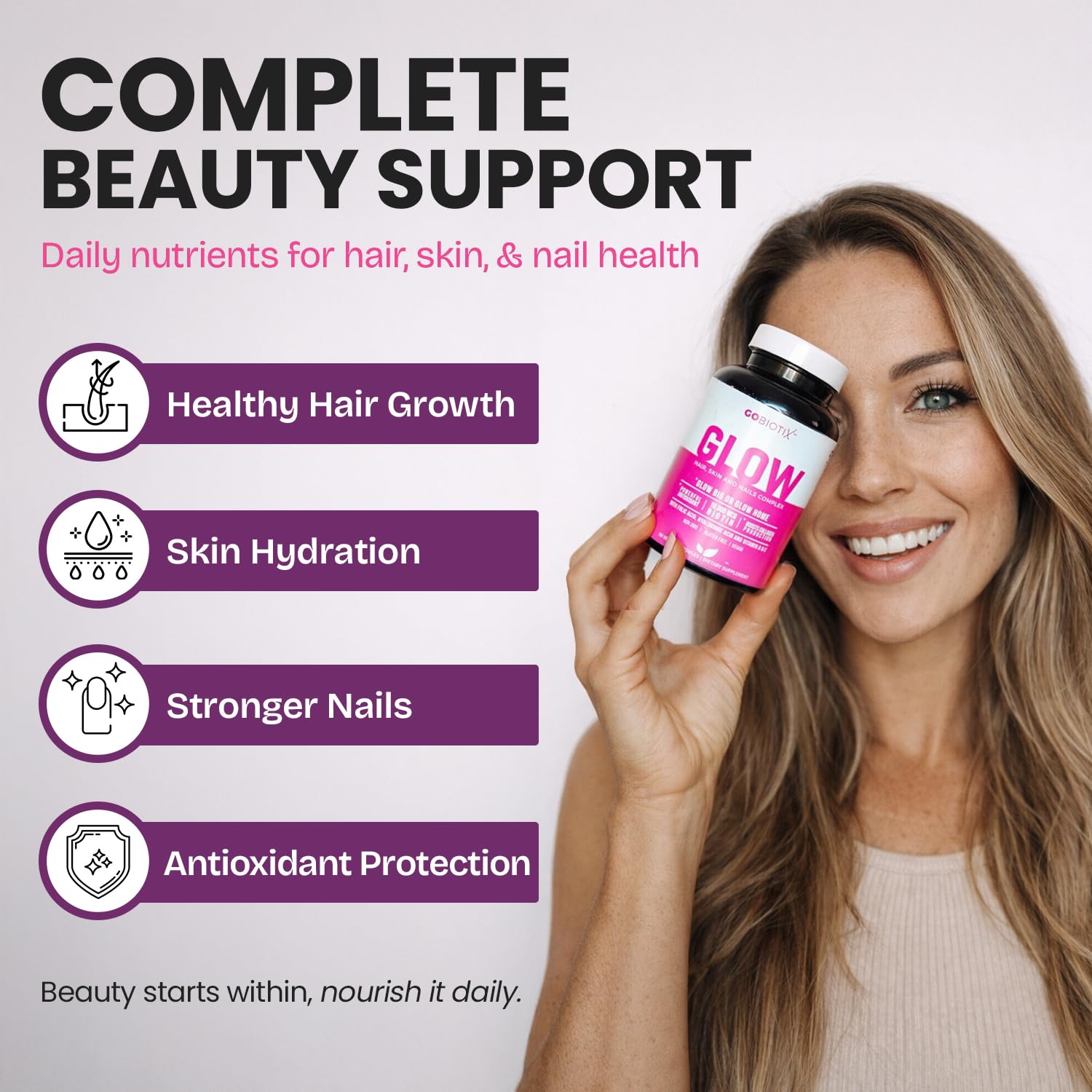 GOBIOTIX Biotina 10000 mcg para apoyo de crecimiento de cabello y uñas.