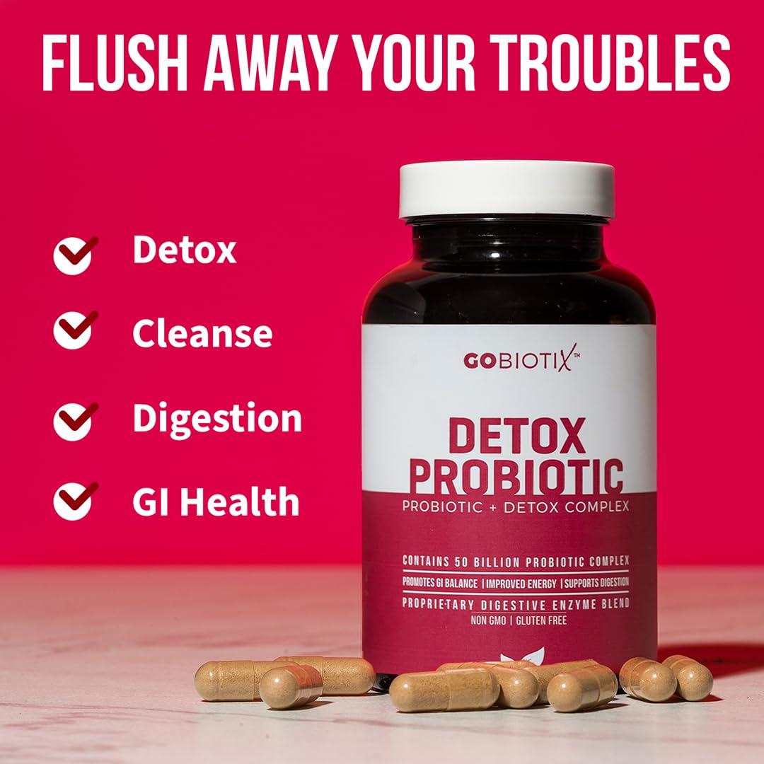 Etiqueta frontal de GOBIOTIX Detox Probiotic, ingredientes naturales para la digestión.