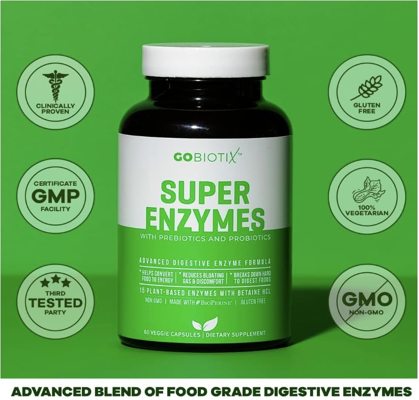 Ingredientes clave de GOBIOTIX, como enzimas y fibra prebiótica, visibles en composición.