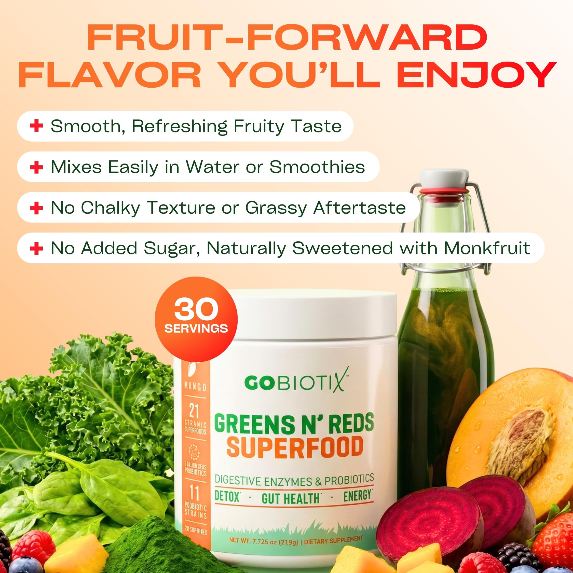GOBIOTIX Super Greens mango: mezcla de frutas y verduras para nutrición diaria.