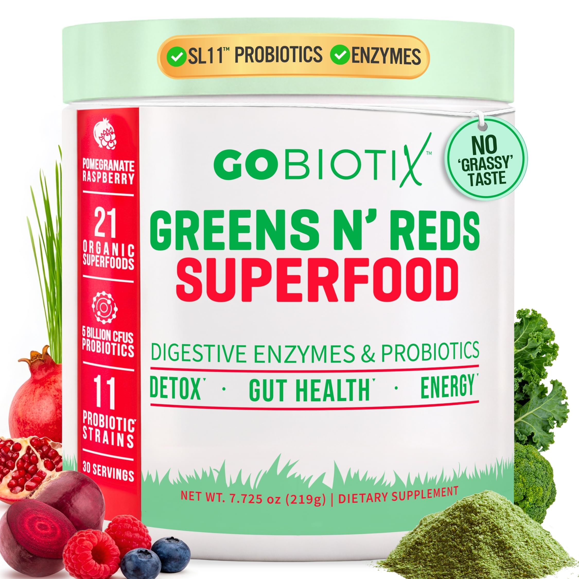 GOBIOTIX Super Greens en botella sabor Granada-Frambuesa, un sabor natural y nutritivo.