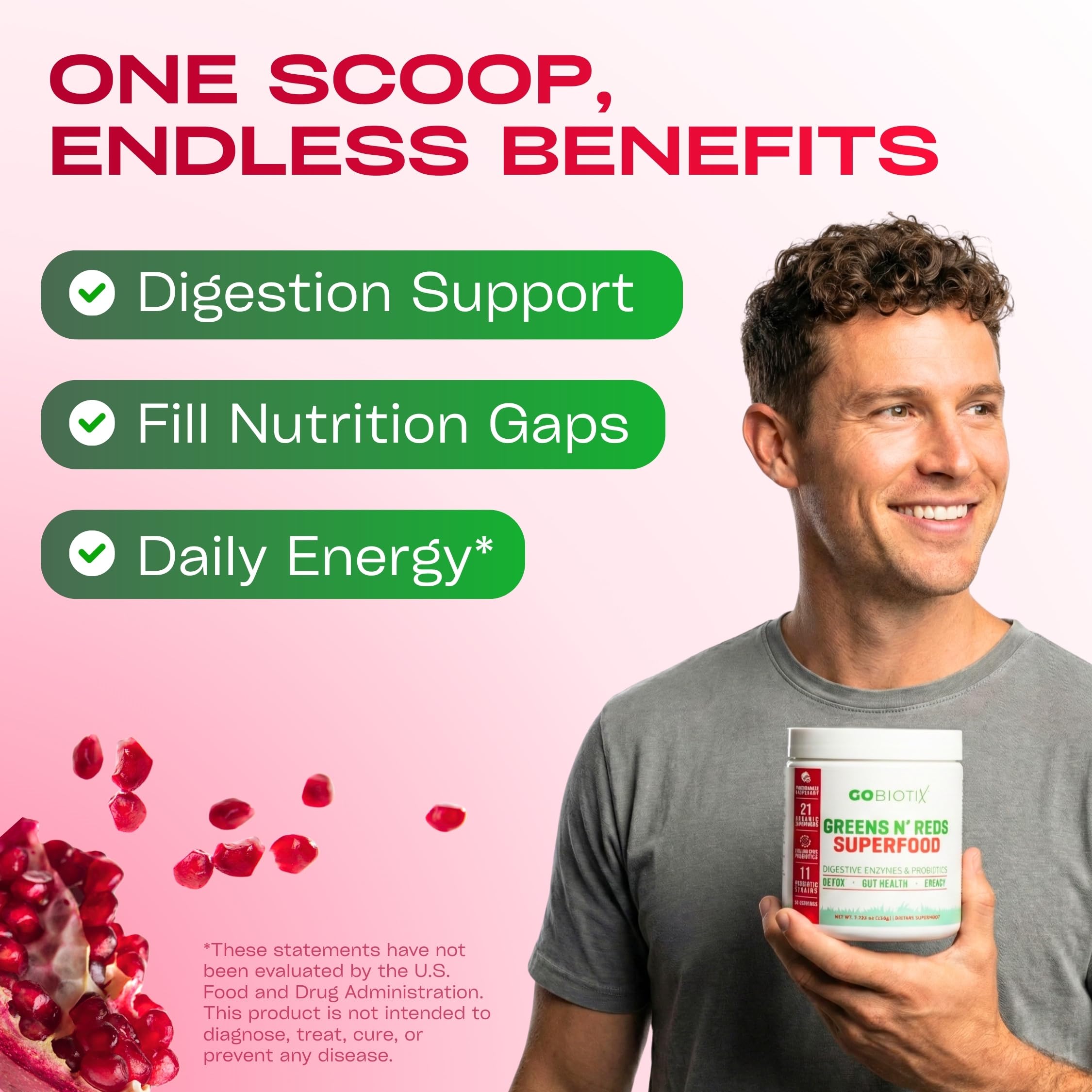 GOBIOTIX Super Greens: mezcla de frutas y verduras para nutrición diaria.