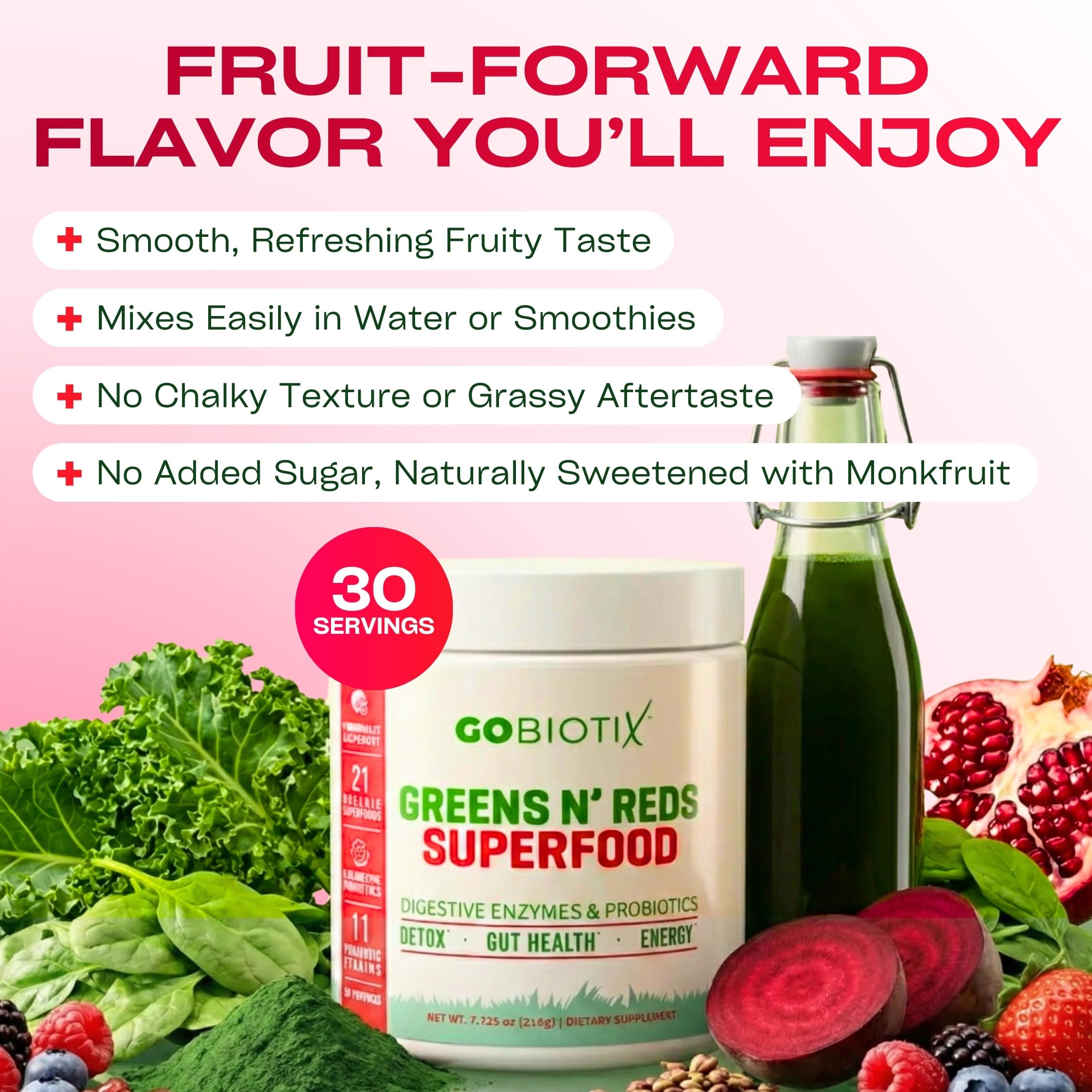 GOBIOTIX Super Greens sabor granada-frambuesa, batido delicioso.