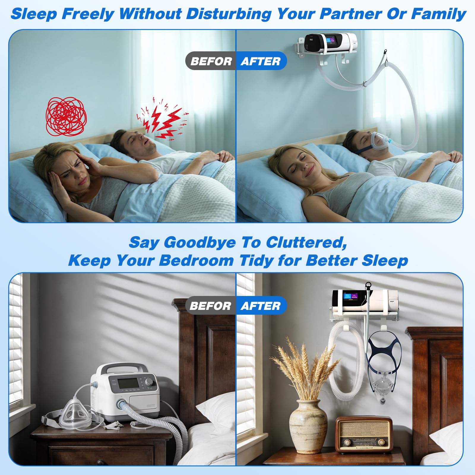 Godboat CPAP con ganchos, mascarilla y tubo ordenados.