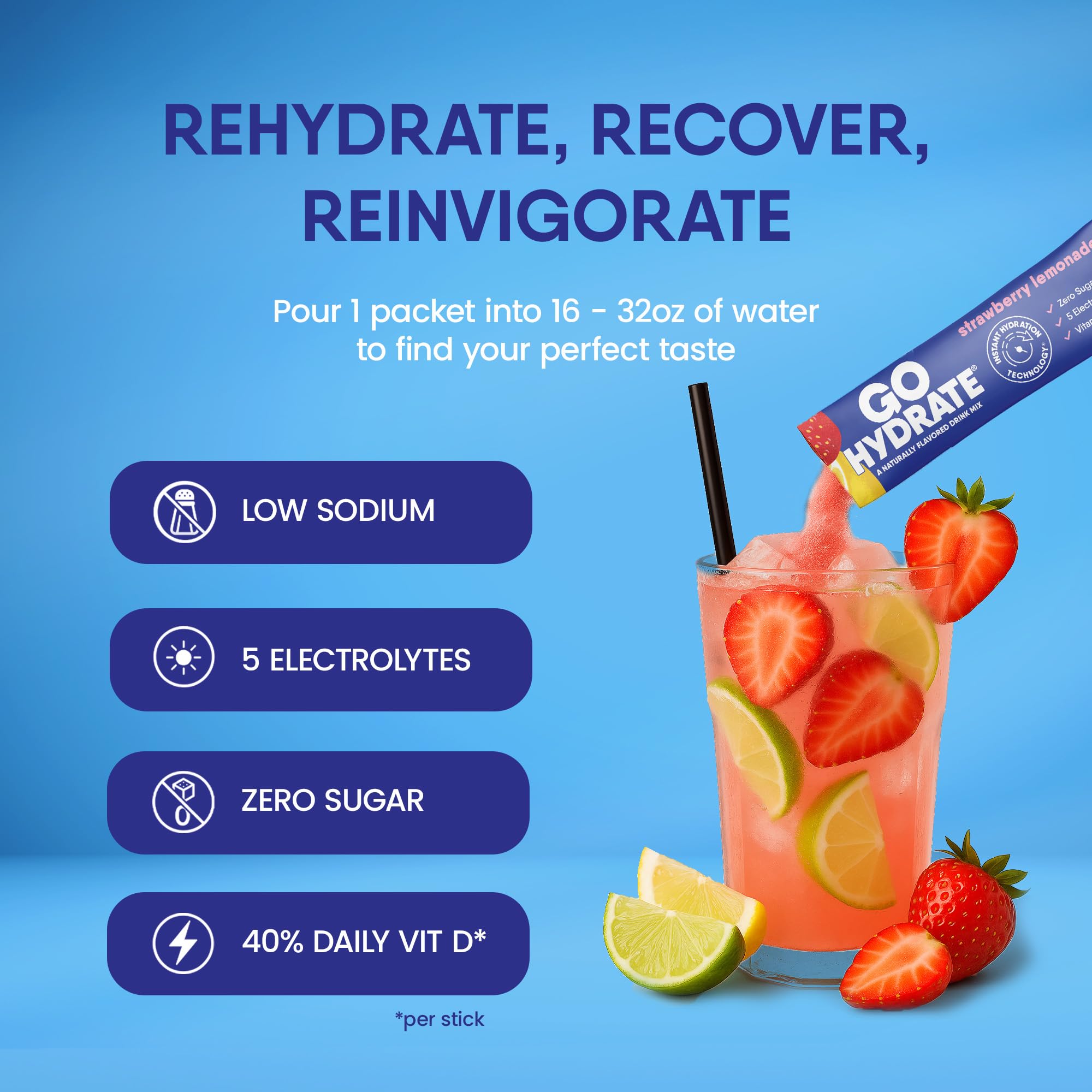 GoHydrate paquetes electrolitos sin azúcar, sabor limon, para uso diario