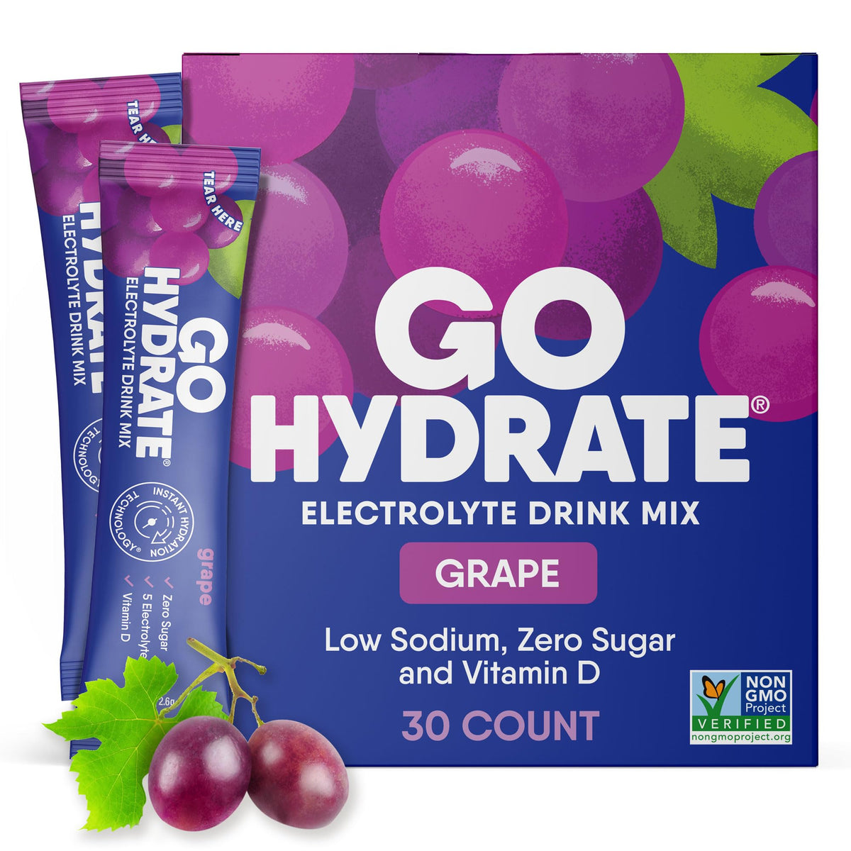 GoHydrate paquetes de hidratación instantánea con sabor uva para viajes.