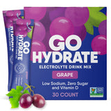 GoHydrate paquetes de hidratación instantánea con sabor uva para viajes.