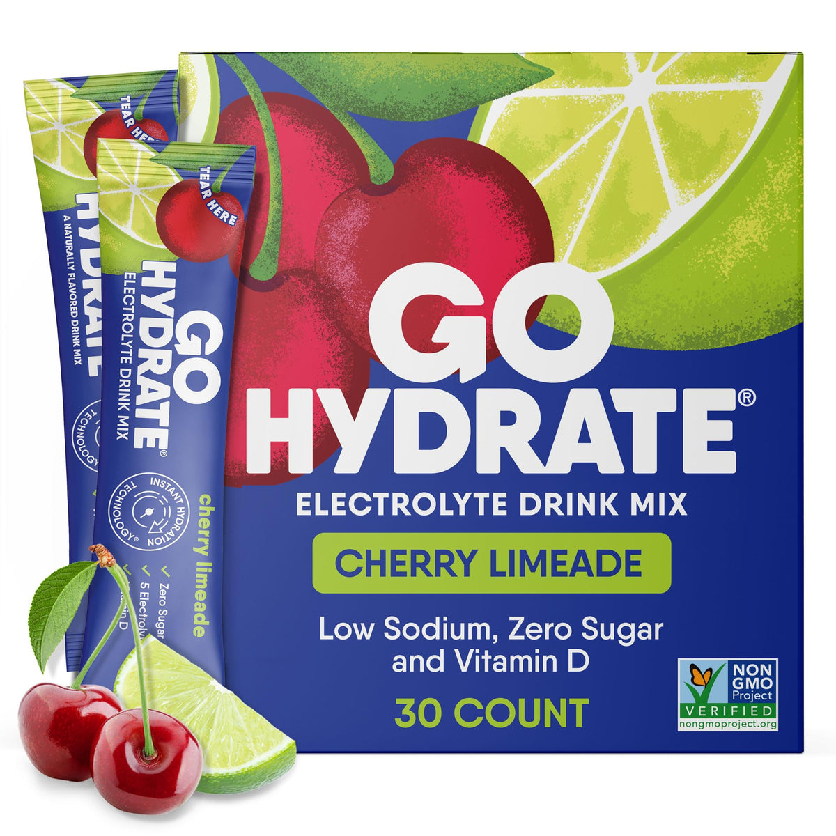 GoHydrate con sobres Cherry Limeade, caja de 30, hidratación rápida durante el día.