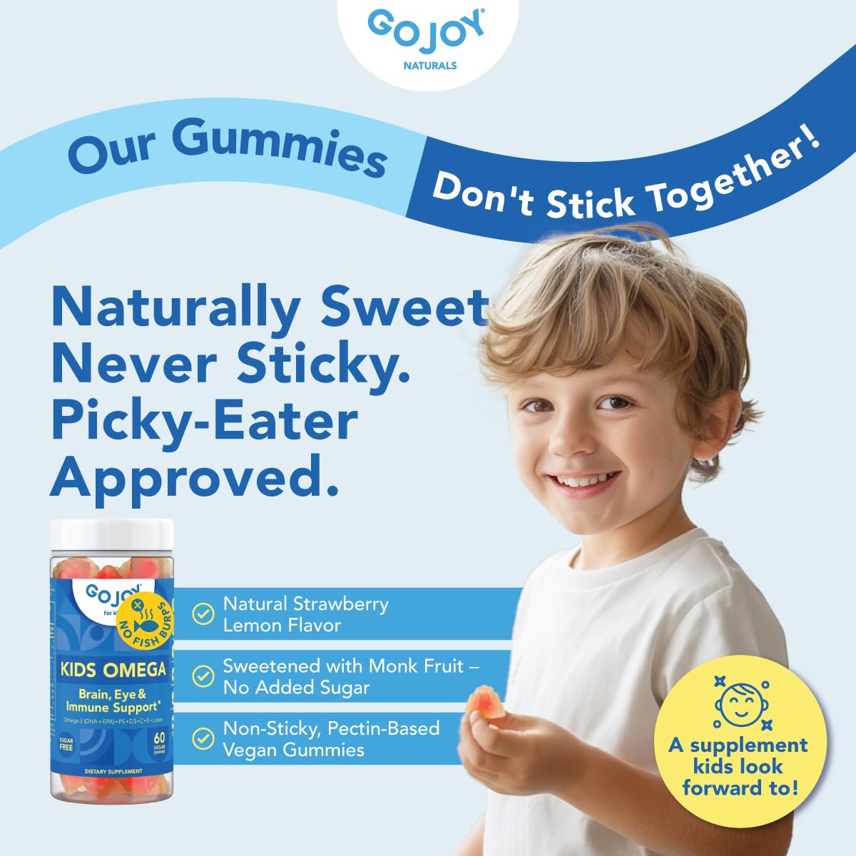 GOJOY NATURALS para niños, sin pescado ni azúcar en la fórmula.