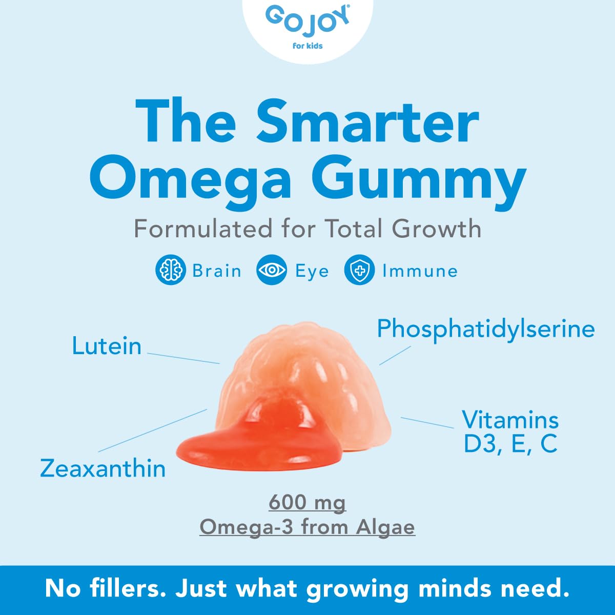 GOJOY NATURALS, origen de algas y DHA vegetal en etiqueta.