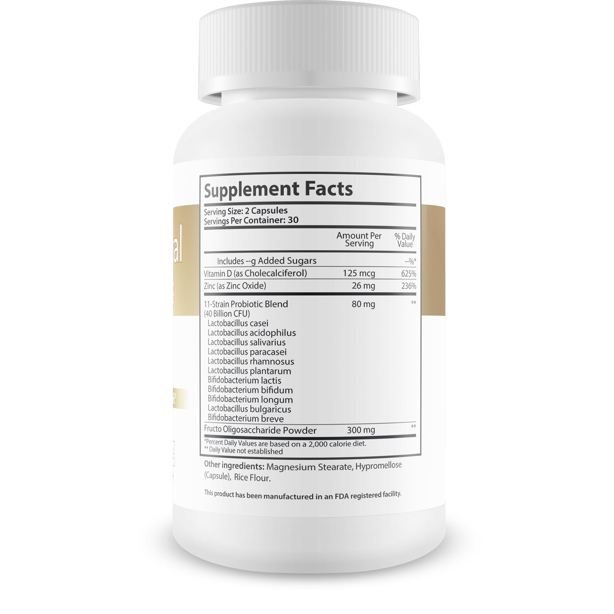 Gold Oral Biotics Pro: etiqueta 11 cepas que destaca la diversidad probiótica para la salud bucal.
