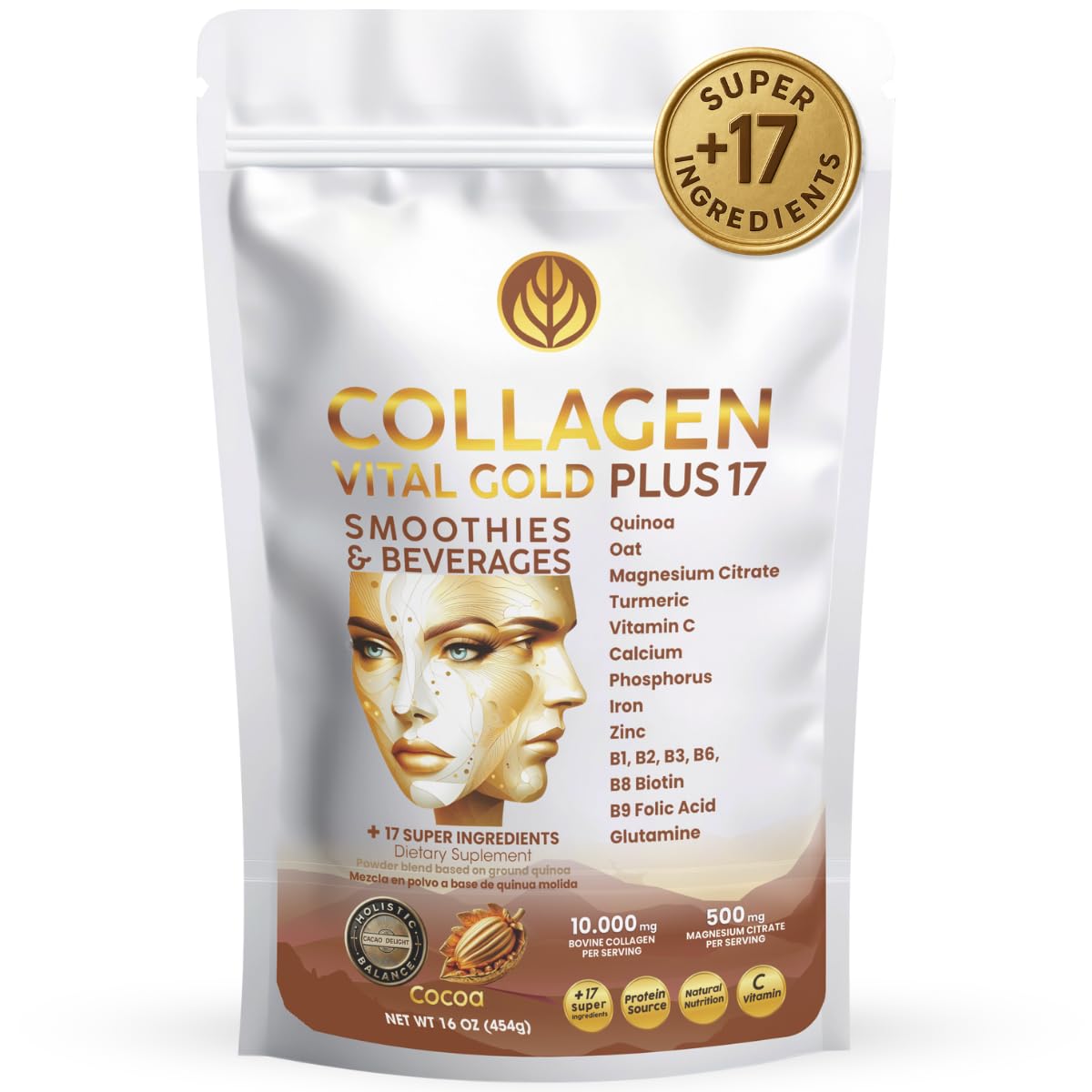 Gold Vital Life colágeno cacao, envase frontal, apoyo a la salud de piel y cabello