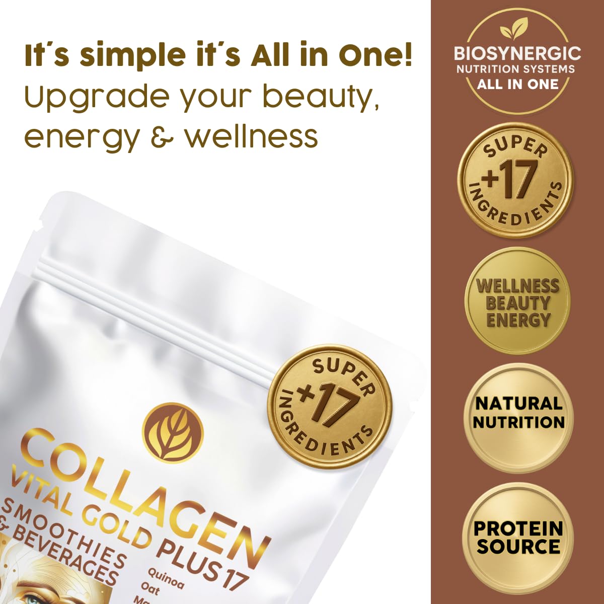 Gold Vital Life colágeno cacao, polvo sedoso, textura agradable para mezclar