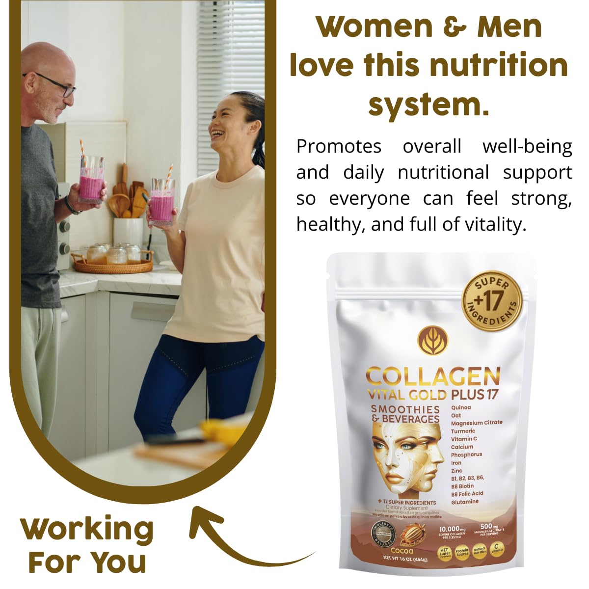 Gold Vital Life colágeno cacao, superalimentos, mezcla de nutrientes para bienestar diario