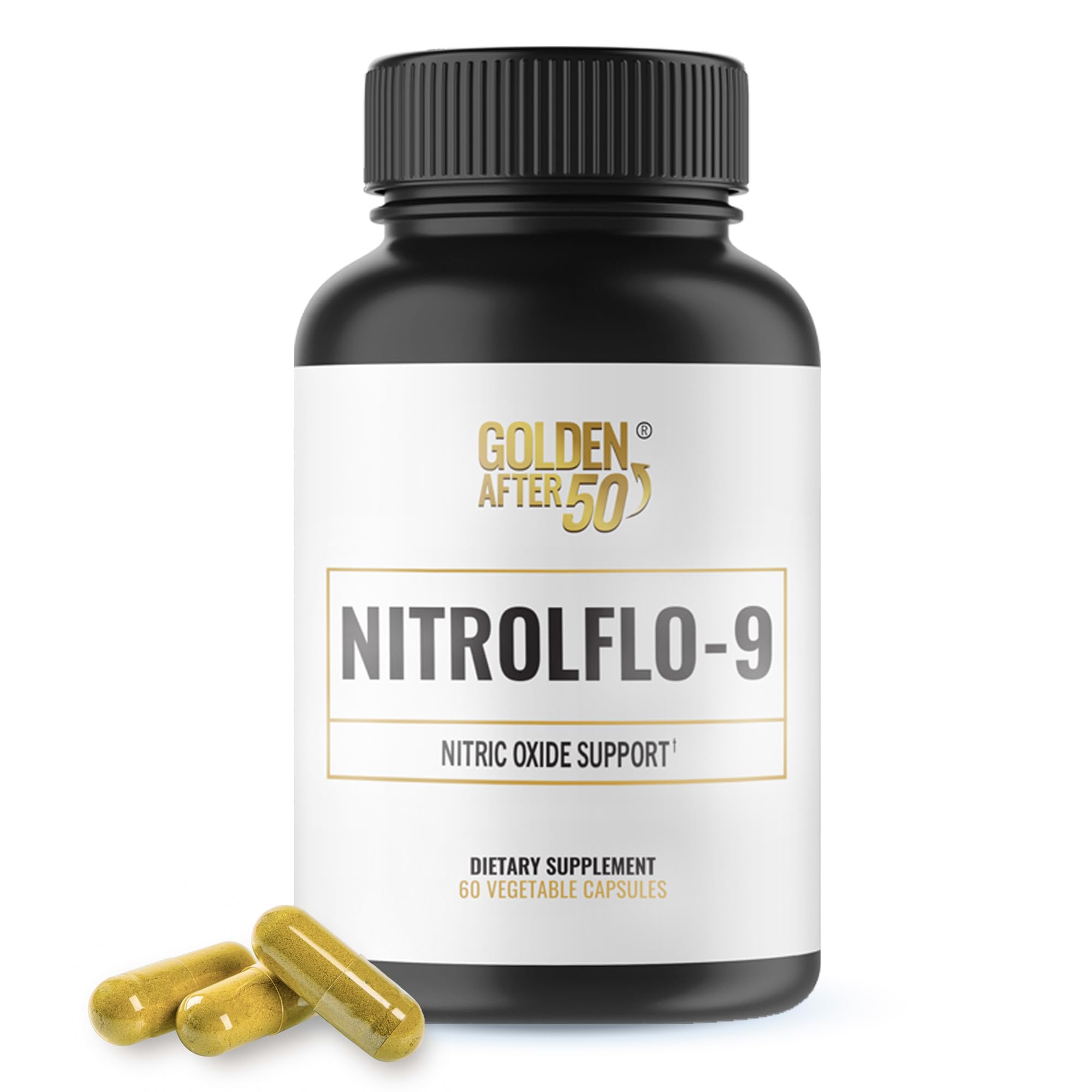 NitrolFlo-9 de Golden After 50, botella vertiendo para apoyar la circulación.