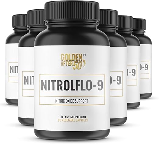 NitrolFlo-9 de Golden After 50 en botella para energía sostenida en la rutina diaria
