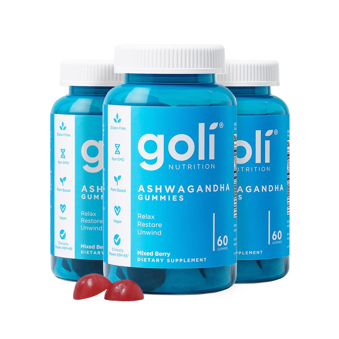 Goli Ashwaganda gomitas en bote con KSM-66 para uso diario.