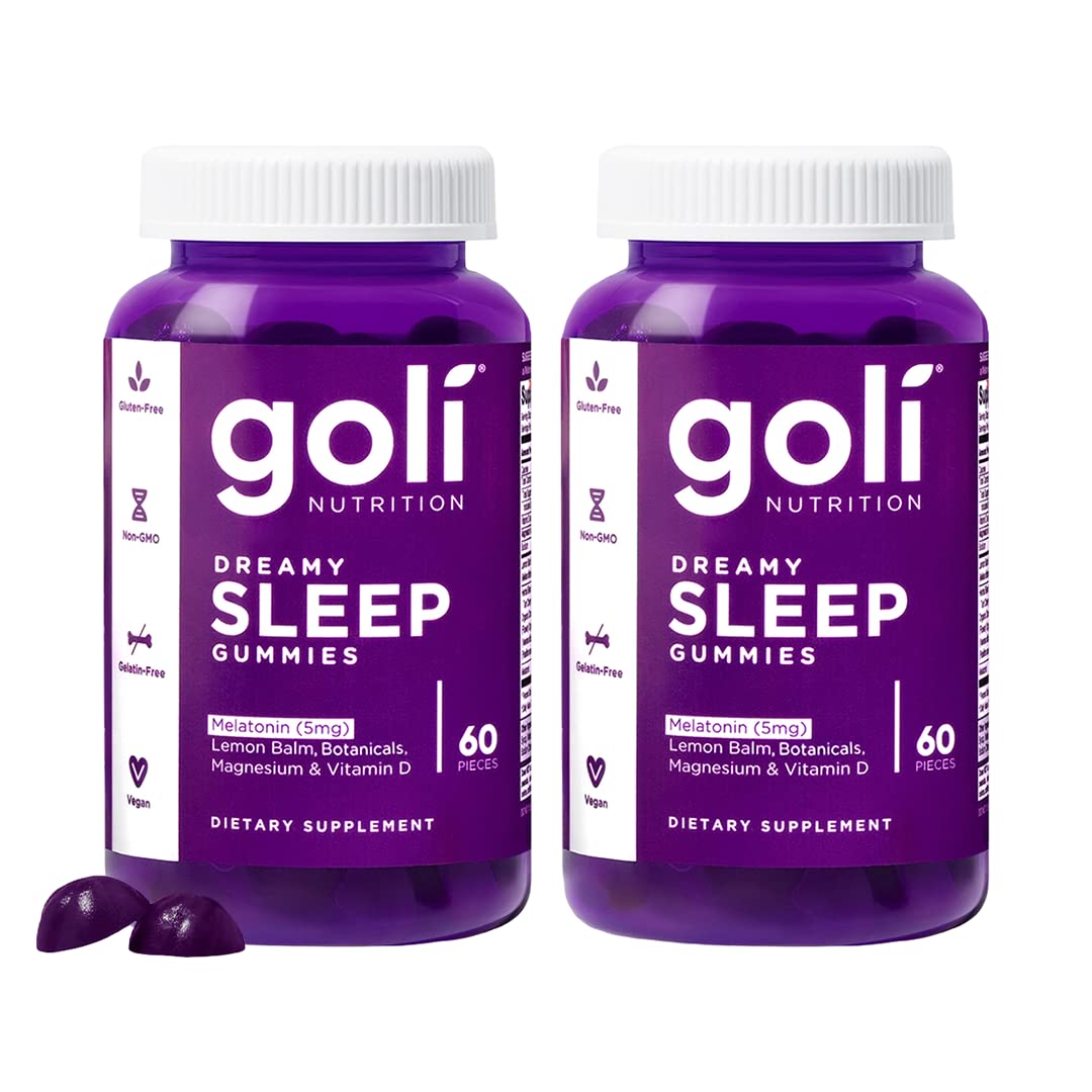 Goli Dreamy Sleep Gummies frasco, posible apoyo para descanso nocturno.
